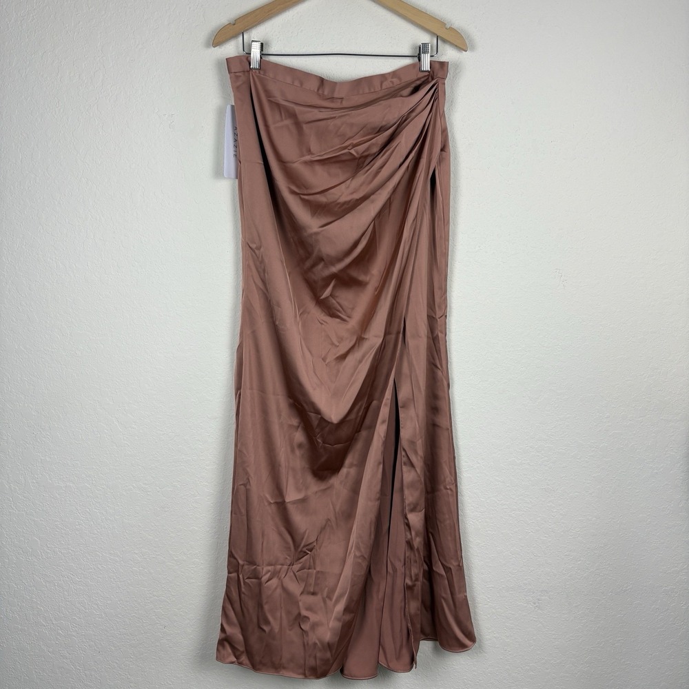 Azazie 14 Maxi Skirt Slip Nobley Satin Slit Faux Wrap Brown Bronzer Feminine
